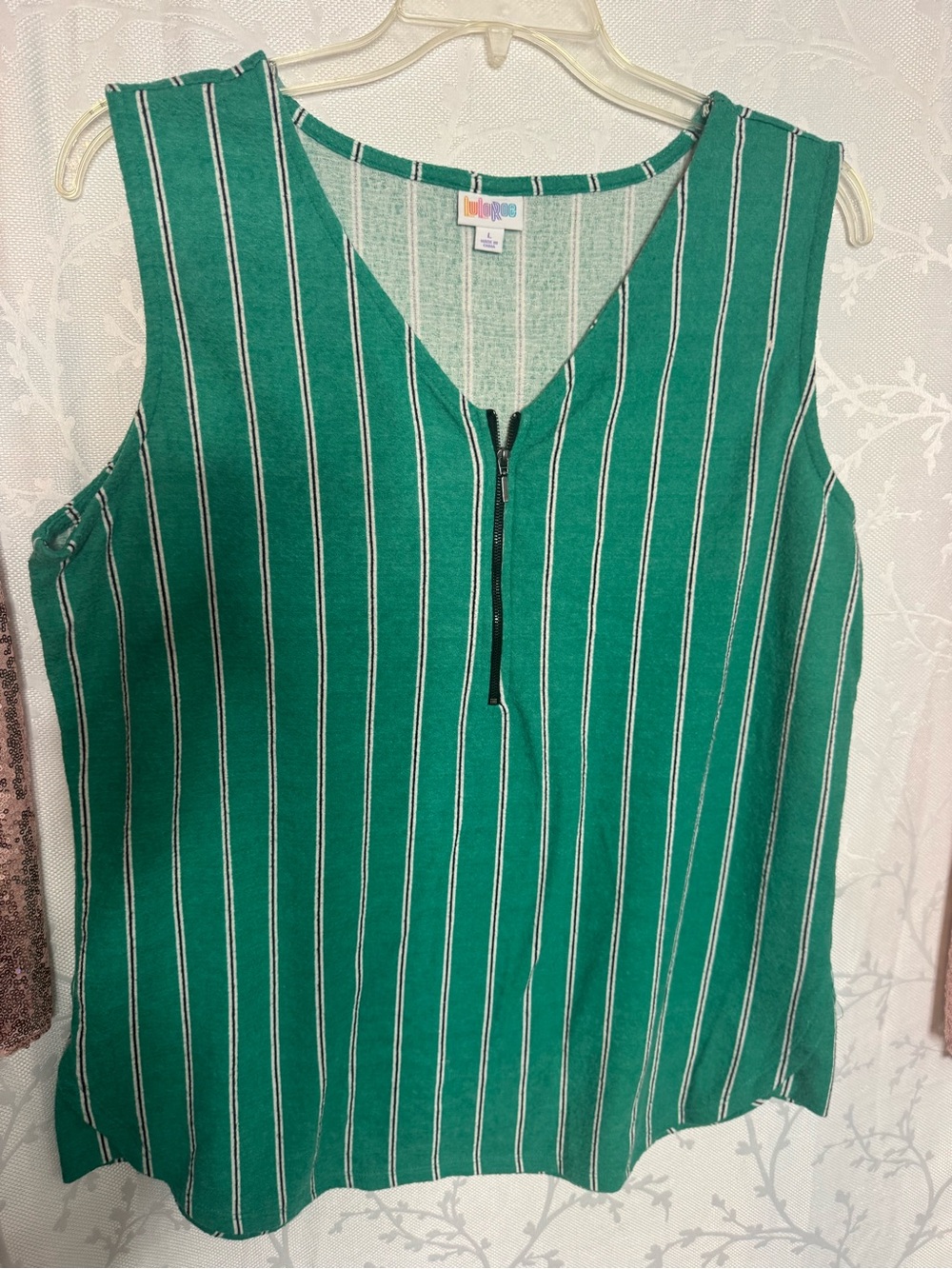 LuLaRoe Green and White Vertical Stripe V-Neck Zip Tank